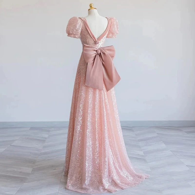 Robe de bal longue élégante à paillettes roses en forme de A C1641