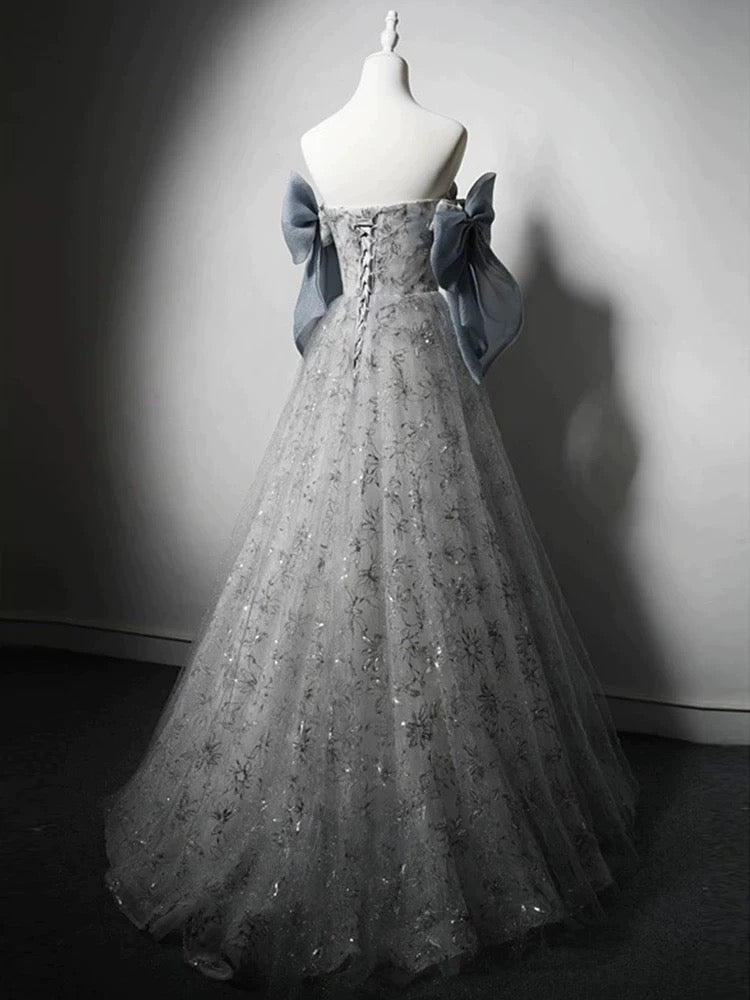 Elegant Ball Gown Strapless Gray Blue Sequin Long Prom Dresses C1645