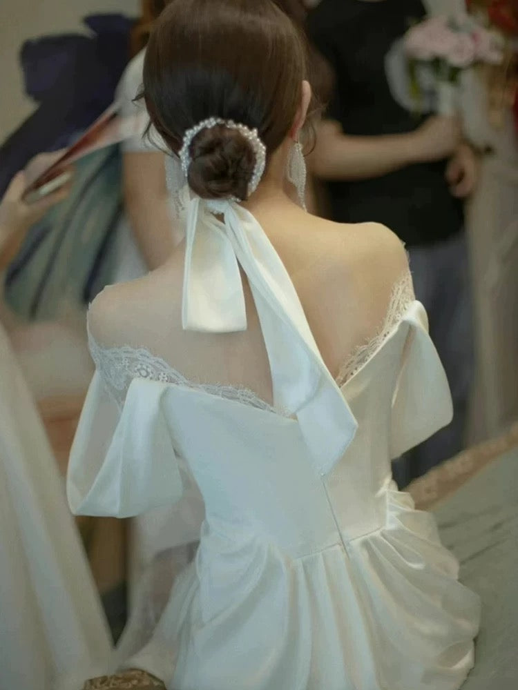 Timeless A Line Off The Shoulder Long Lace White Wedding Dresses With Slit C1655