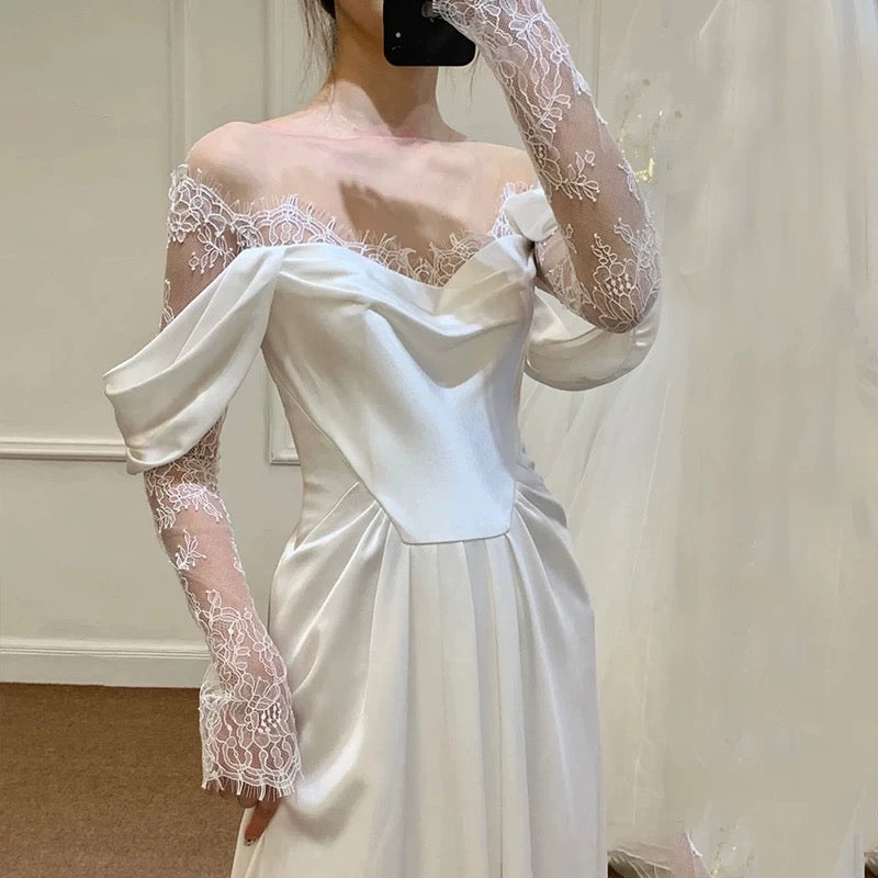 Timeless A Line Off The Shoulder Long Lace White Wedding Dresses With Slit C1655