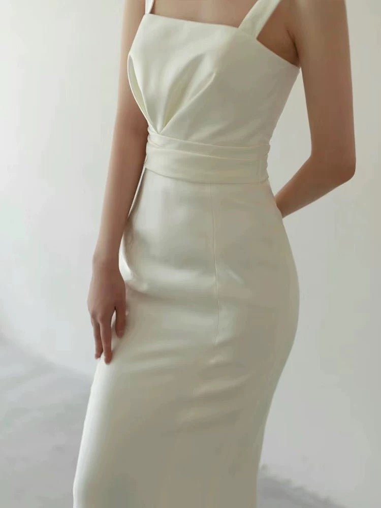 Timeless Sheath Straps Long Satin White Wedding Dresses C1663