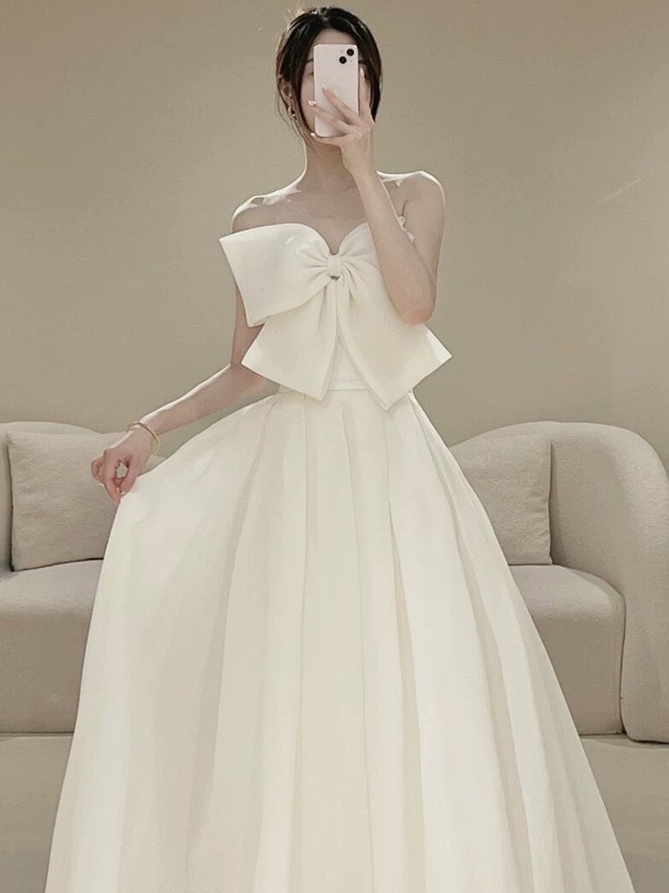Timeless A line Strapless Long Satin White Wedding Dresses With Bow C1664