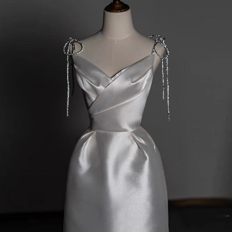 Timeless A line Sweetheart Long Satin White Wedding Dresses With Silver Beads C1666