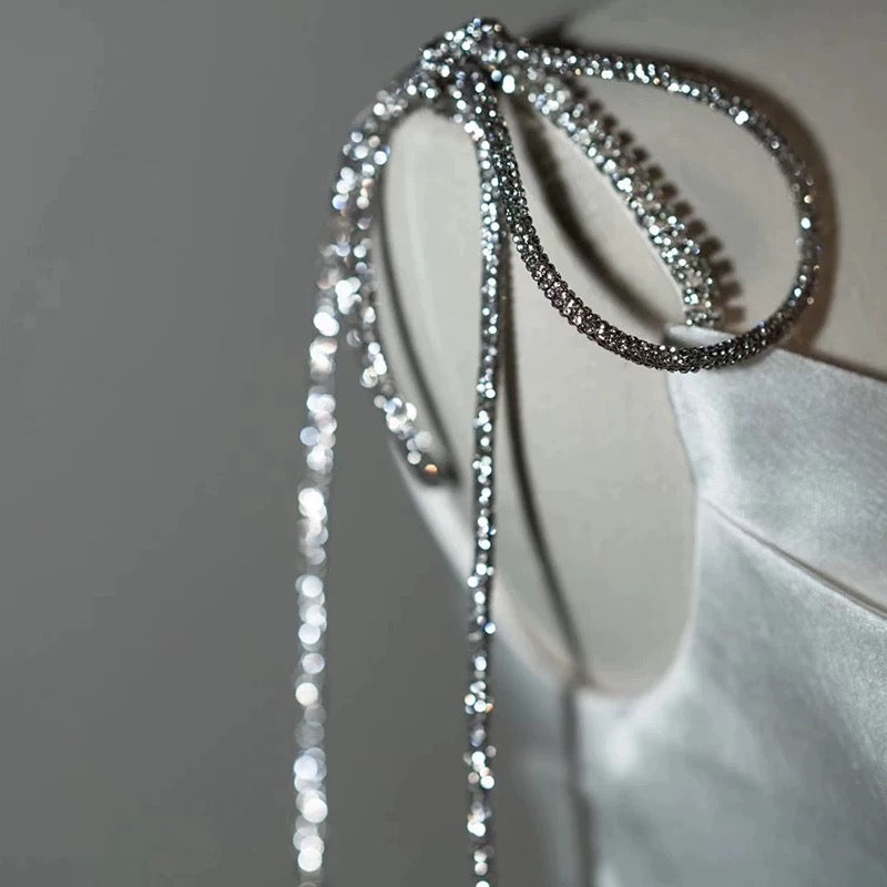 Timeless A line Sweetheart Long Satin White Wedding Dresses With Silver Beads C1666