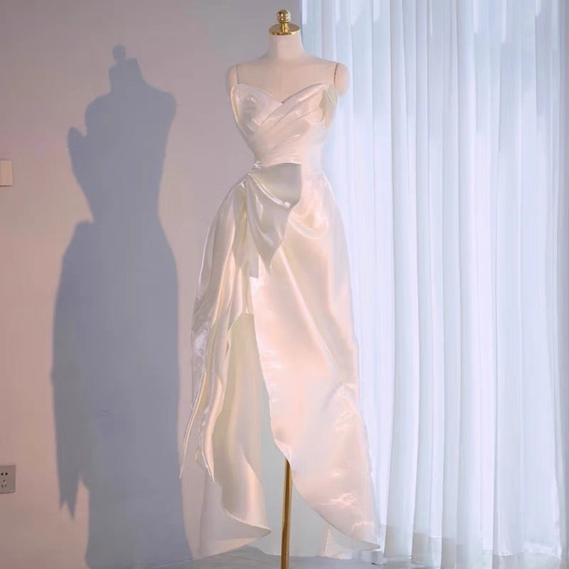 Simple High Low Sweetheart Long Satin White Wedding Dresses With Ruffles C1667