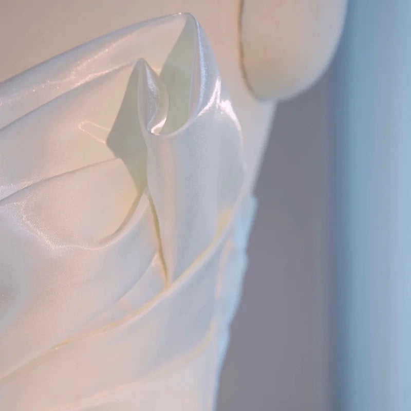 Simple High Low Sweetheart Long Satin White Wedding Dresses With Ruffles C1667