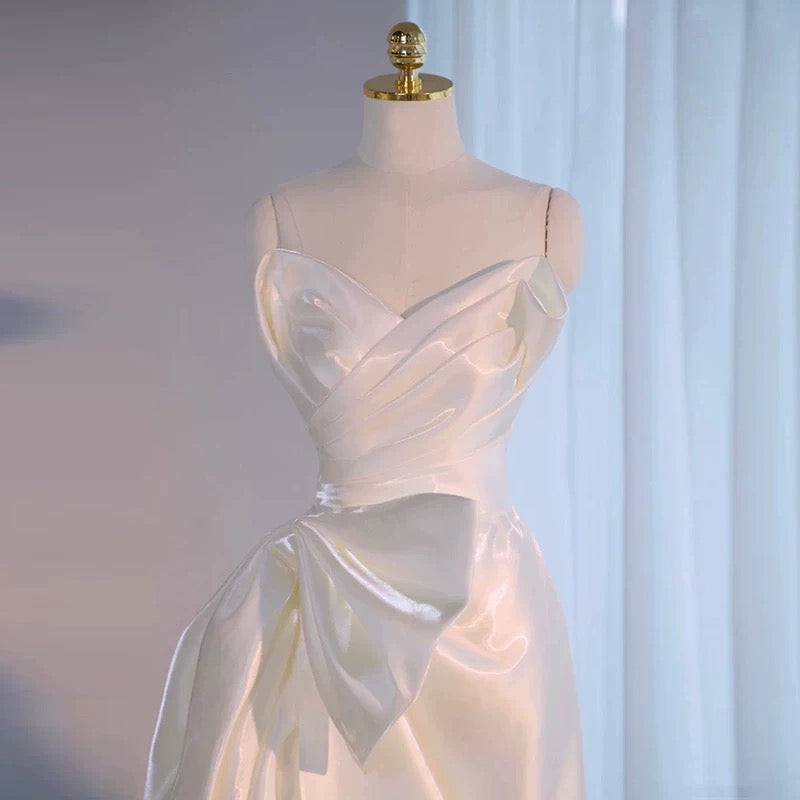 Simple High Low Sweetheart Long Satin White Wedding Dresses With Ruffles C1667