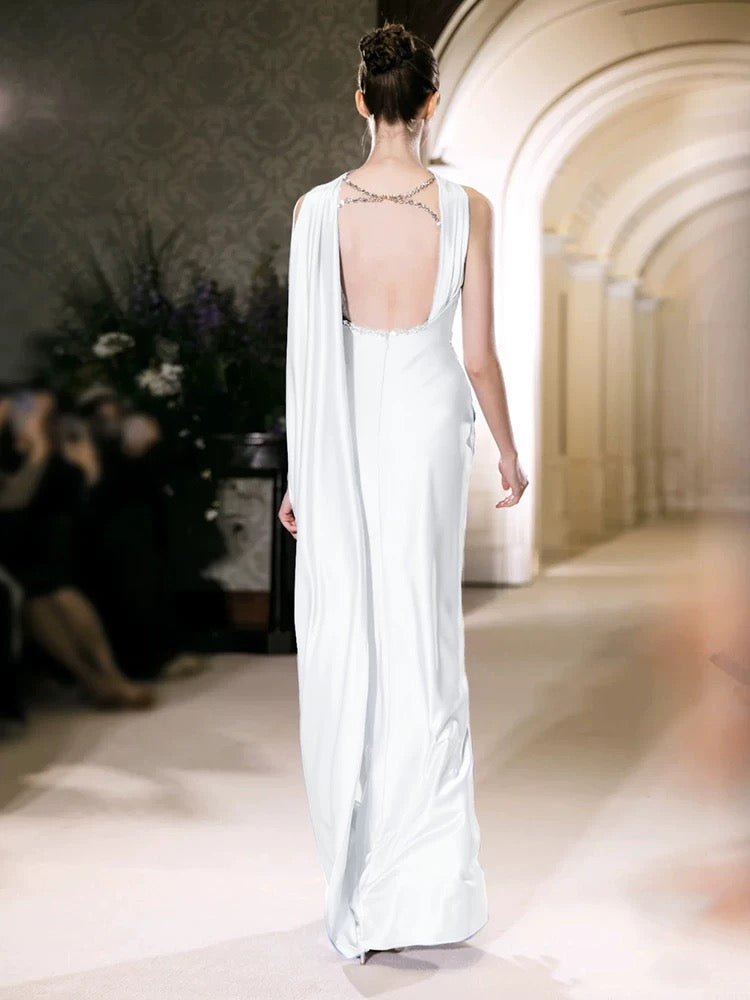 Unique Sheath Strapless Satin Slit White Wedding Dresses With Ribbon C1672