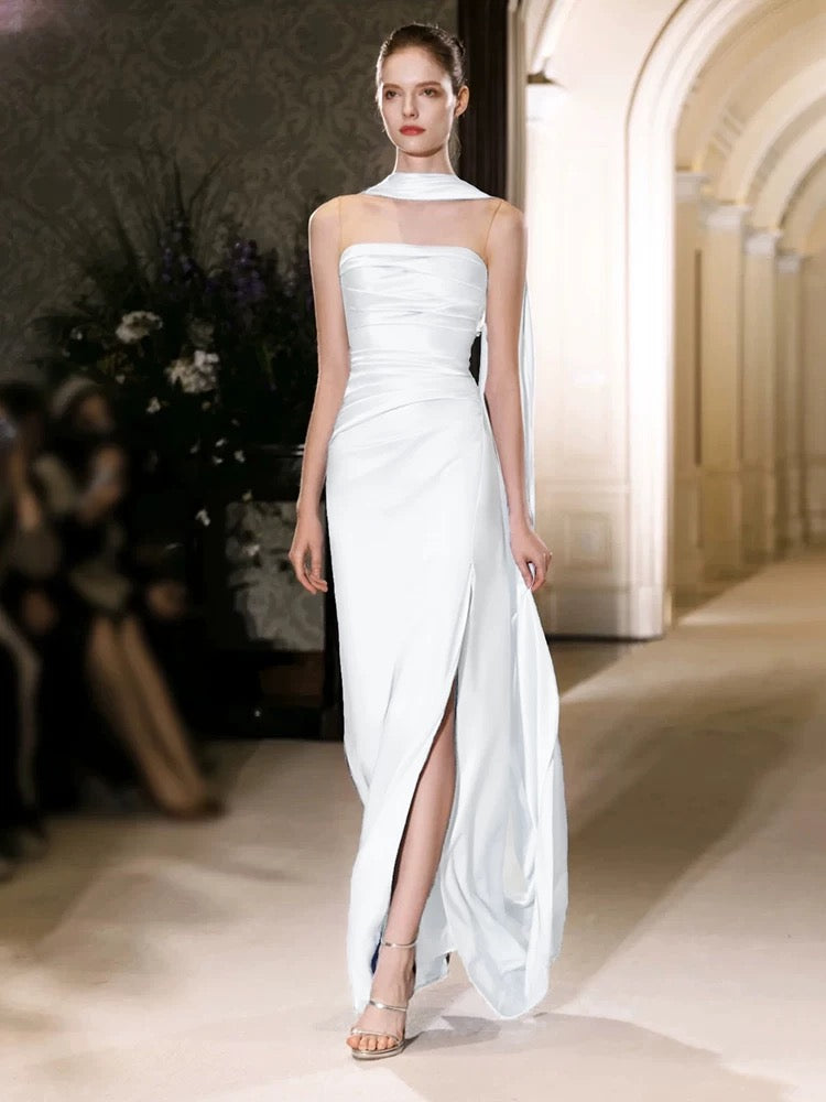 Unique Sheath Strapless Satin Slit White Wedding Dresses With Ribbon C1672