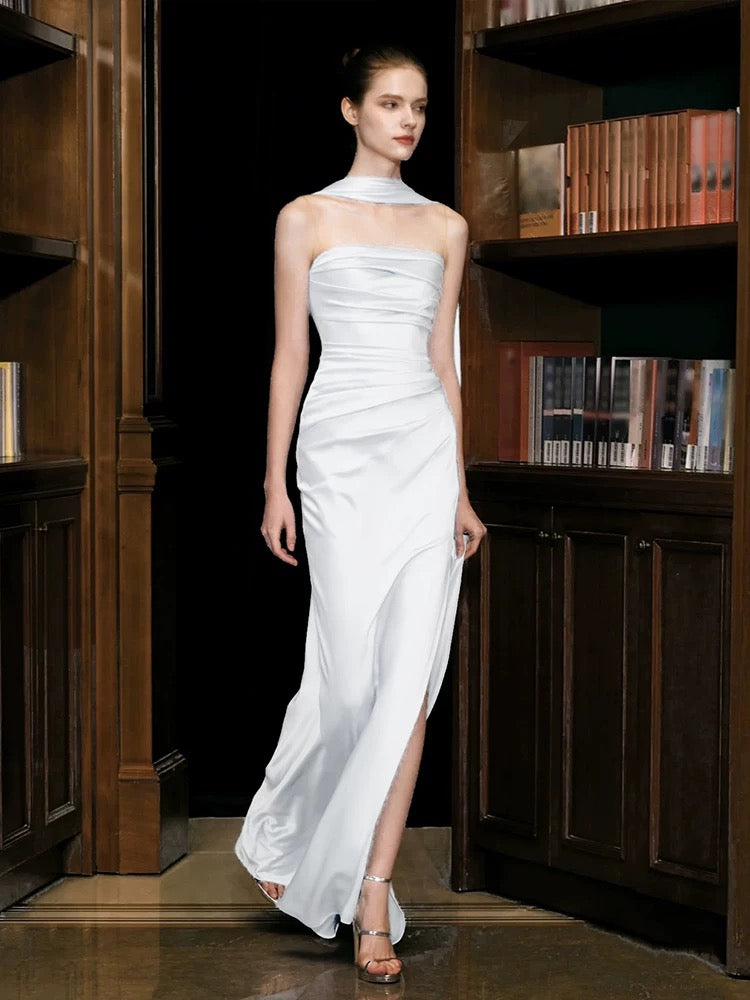 Unique Sheath Strapless Satin Slit White Wedding Dresses With Ribbon C1672
