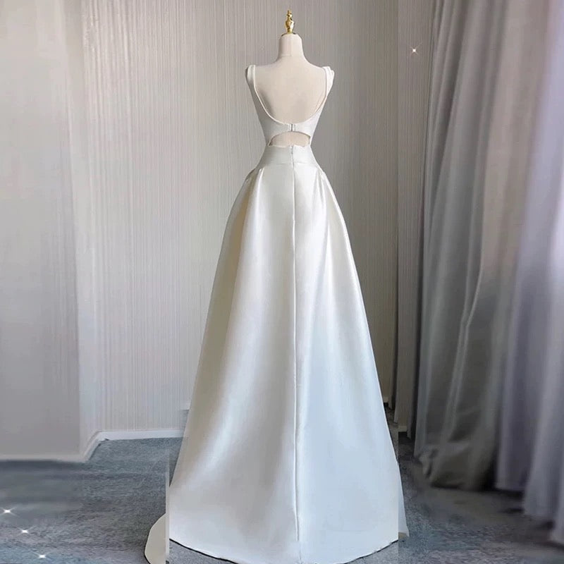 Unique High Low Straps Satin Long White Wedding Dresses C1675
