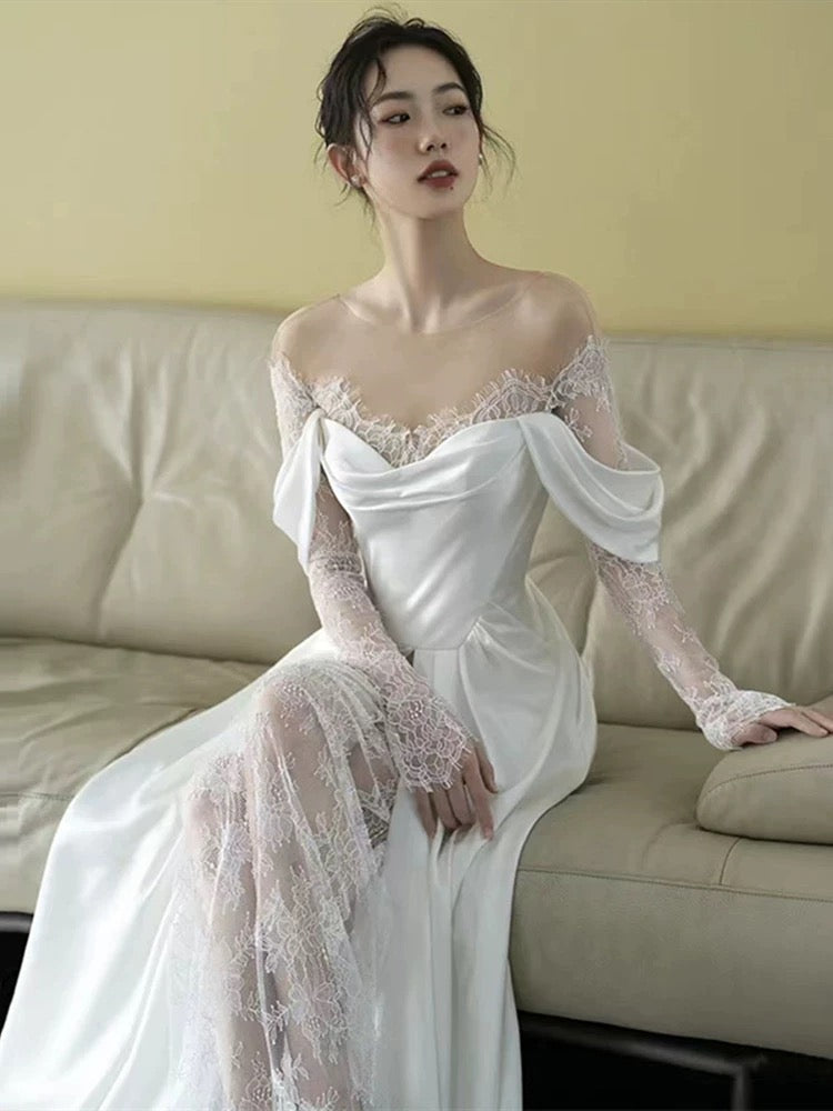 Unique Sheath Off The Shoulder Satin Long Sleeves White Slit Wedding Dresses C1677