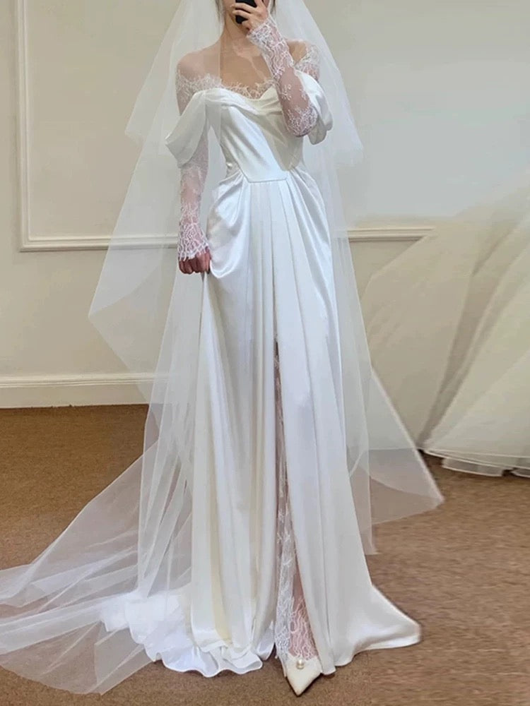 Unique Sheath Off The Shoulder Satin Long Sleeves White Slit Wedding Dresses C1677
