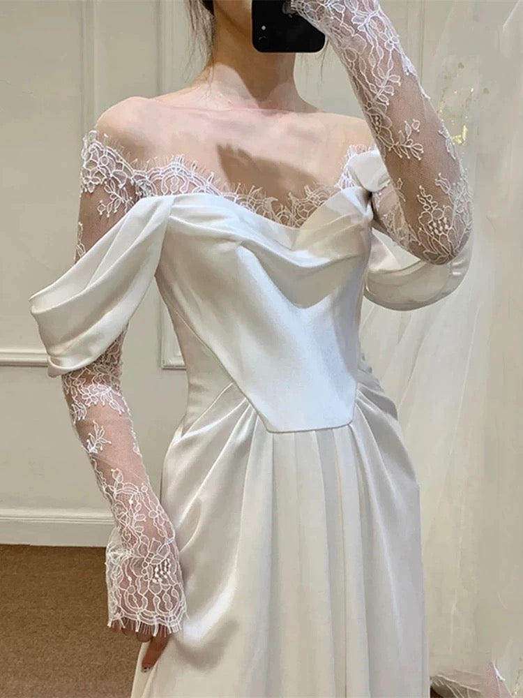 Unique Sheath Off The Shoulder Satin Long Sleeves White Slit Wedding Dresses C1677