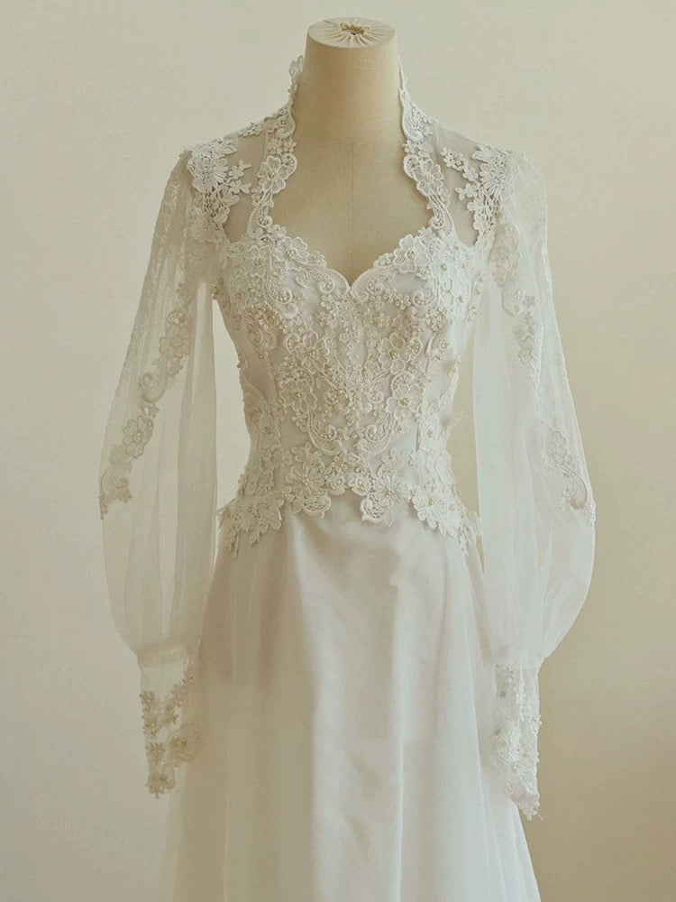 Chic A line Sweetheart Lace Long Sleeves White Wedding Dresses C1680