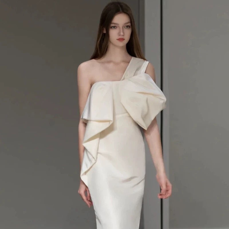 Sexy Sheath One Shoulder Satin Long White Wedding Dresses With Bow C1683