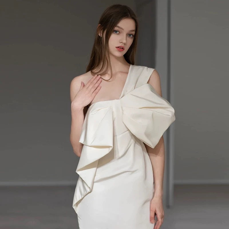 Sexy Sheath One Shoulder Satin Long White Wedding Dresses With Bow C1683
