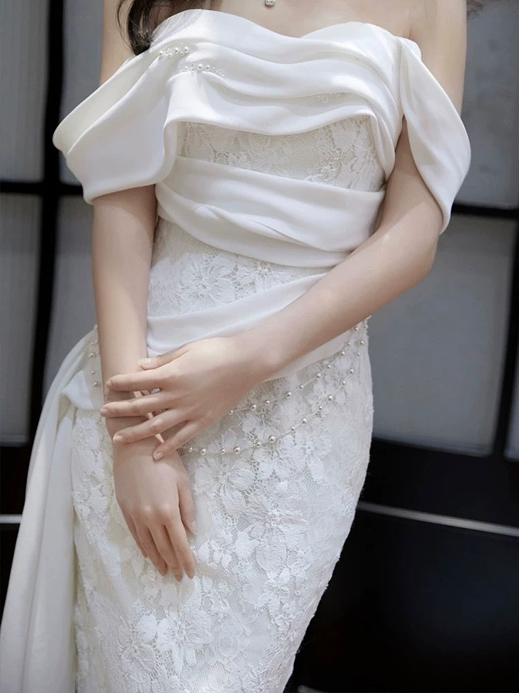 Sexy Sheath Off The Shoulder Lace Long White Wedding Dresses With Ribbon C1685