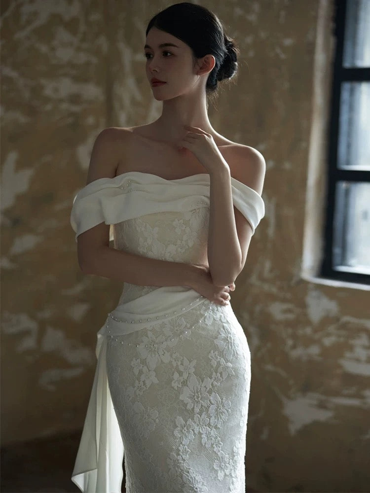 Sexy Sheath Off The Shoulder Lace Long White Wedding Dresses With Ribbon C1685
