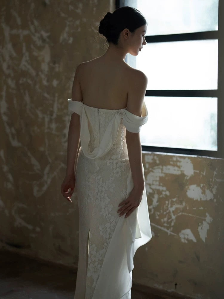 Sexy Sheath Off The Shoulder Lace Long White Wedding Dresses With Ribbon C1685