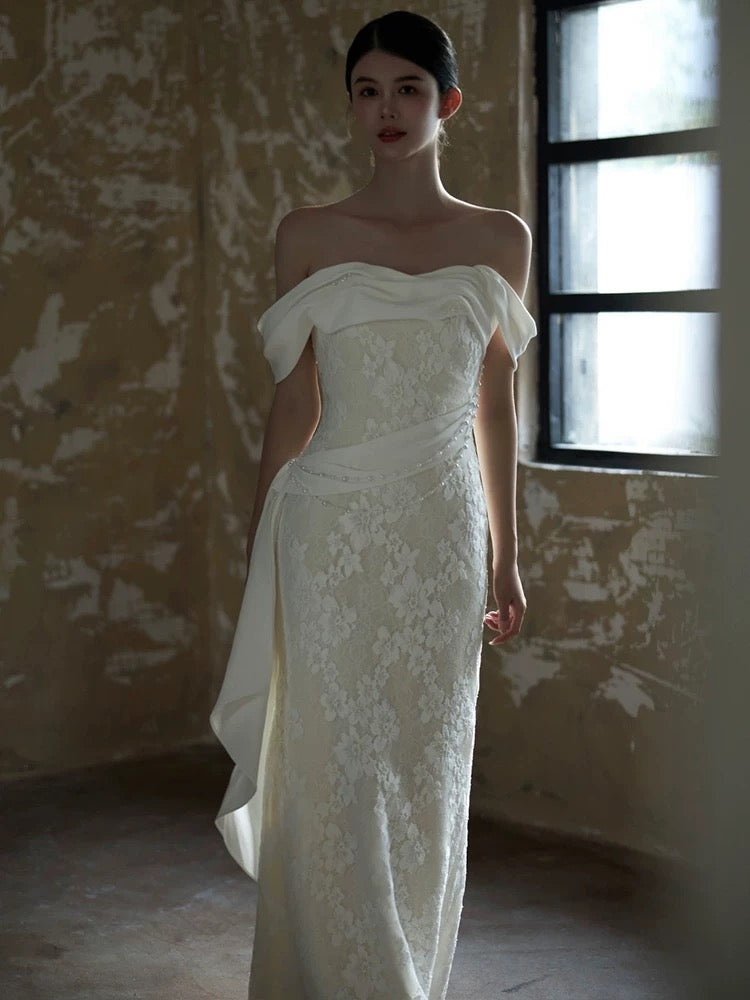 Sexy Sheath Off The Shoulder Lace Long White Wedding Dresses With Ribbon C1685