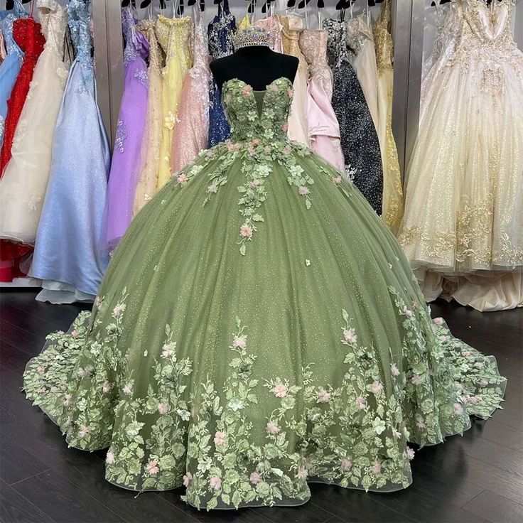 Modest Ball Gown Sweetheart Tulle Long Sage Green Formal Sweet 16 Dres BlingDress Modest Ball Gown Sweetheart Tulle Long Sage Green Formal Sweet 16 Dres BlingDress