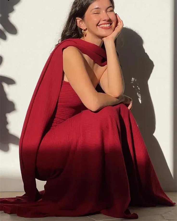 Modest Mermaid Strapless Red Long Prom Dress Evening Dresses With Ribbon C1707