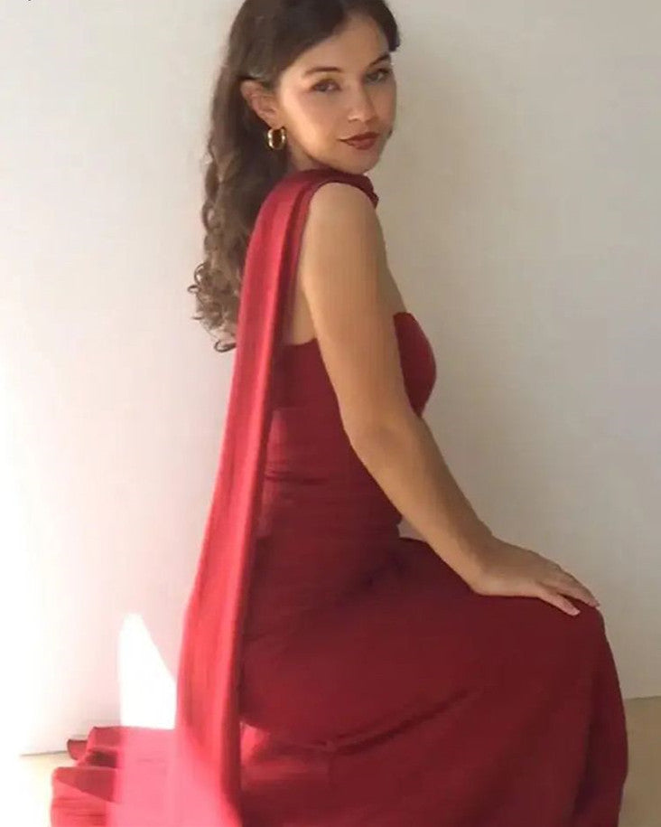 Modest Mermaid Strapless Red Long Prom Dress Evening Dresses With Ribbon C1707
