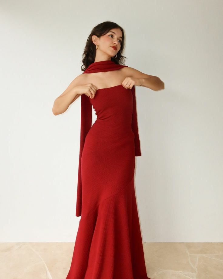 Modest Mermaid Strapless Red Long Prom Dress Evening Dresses With Ribbon C1707