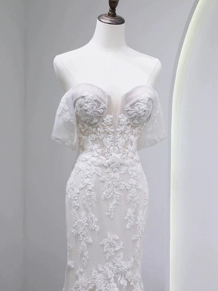 Sexy Mermaid Off The Shoulder Lace Long Sleeves White Wedding Dresses C1786