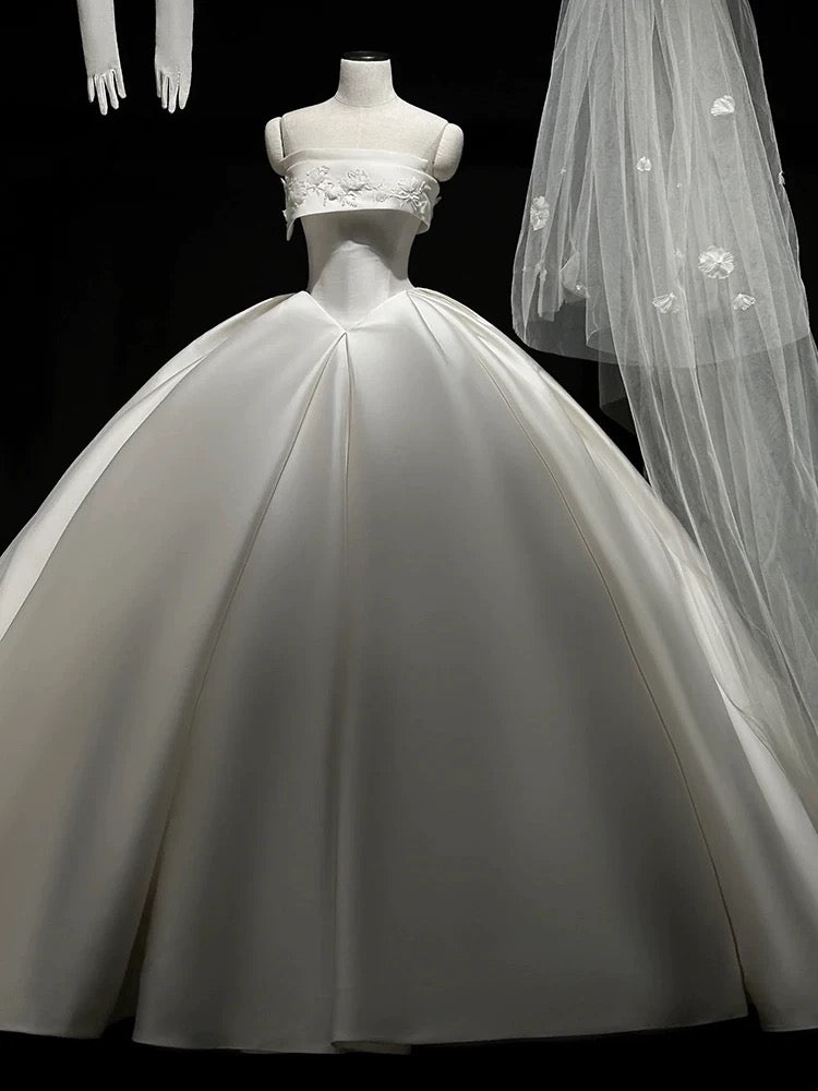 Simple Ball Gown Strapless Satin Long White Wedding Dresses With Lace C1789