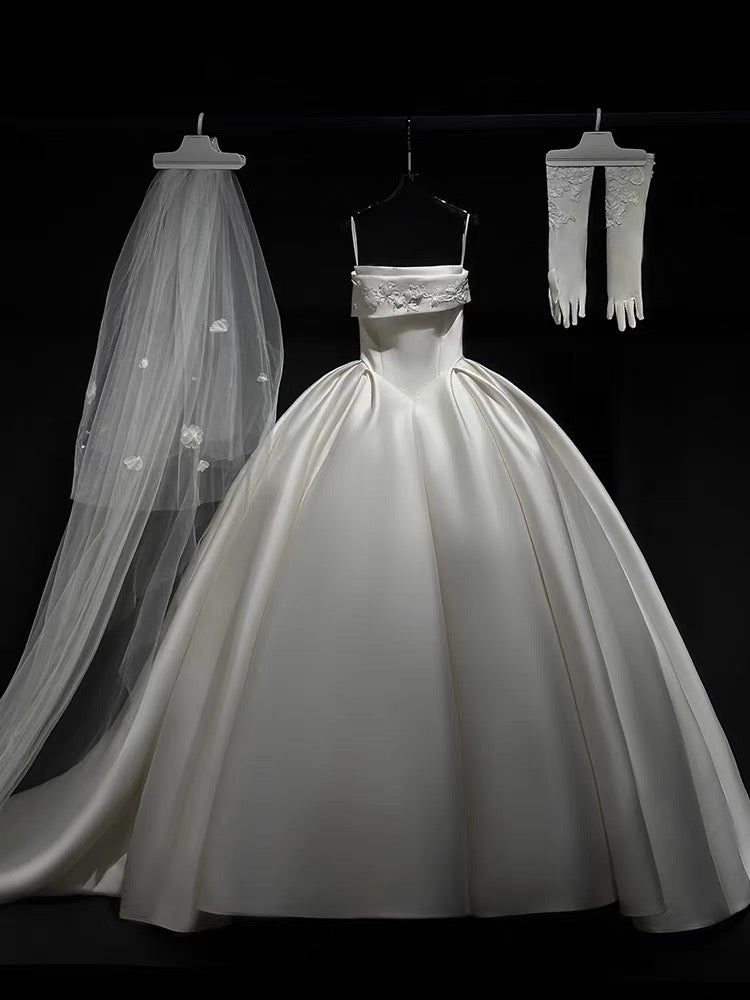 Simple Ball Gown Strapless Satin Long White Wedding Dresses With Lace C1789