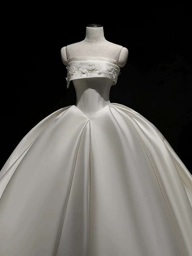 Simple Ball Gown Strapless Satin Long White Wedding Dresses With Lace C1789