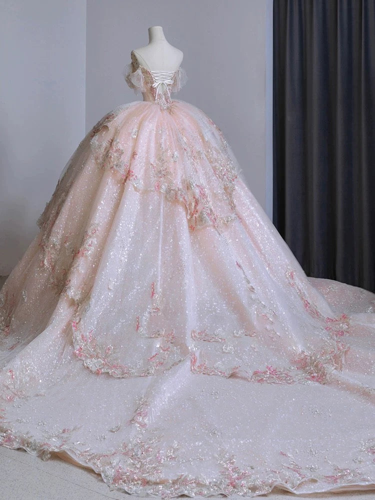 Dreamy Ball Gown Off The Shoulder Pink Lace Long Wedding Dresses With Beads C1790
