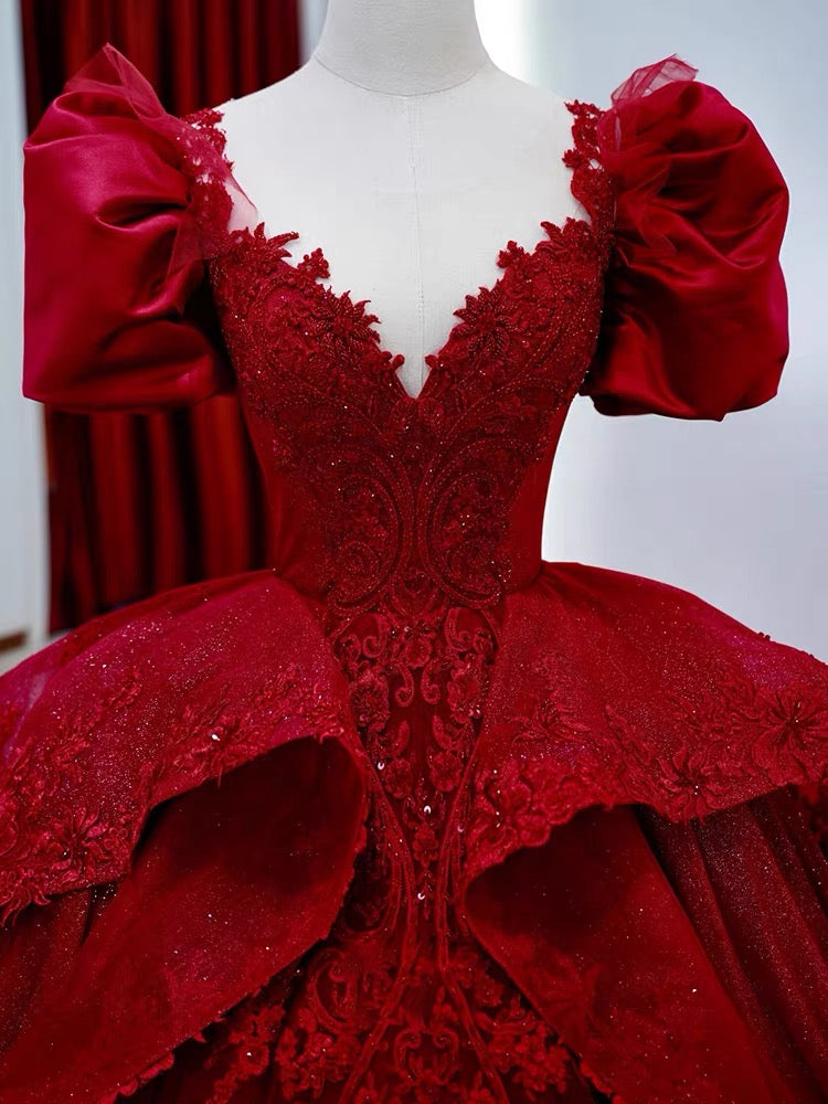 Dreamy Ball Gown V Neckline Red Lace Long Wedding Dresses With Lace C1791