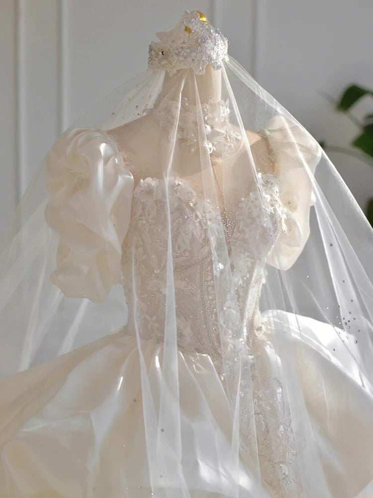 Dreamy Ball Gown High Neckline Short Sleeves White Lace Wedding Dresses With Beads C1796