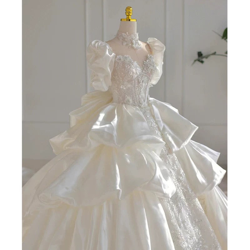 Dreamy Ball Gown High Neckline Short Sleeves White Lace Wedding Dresses With Beads C1796