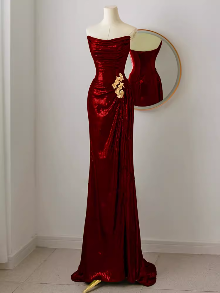 Robes de bal longues à paillettes rouges simples sans bretelles sirène C17