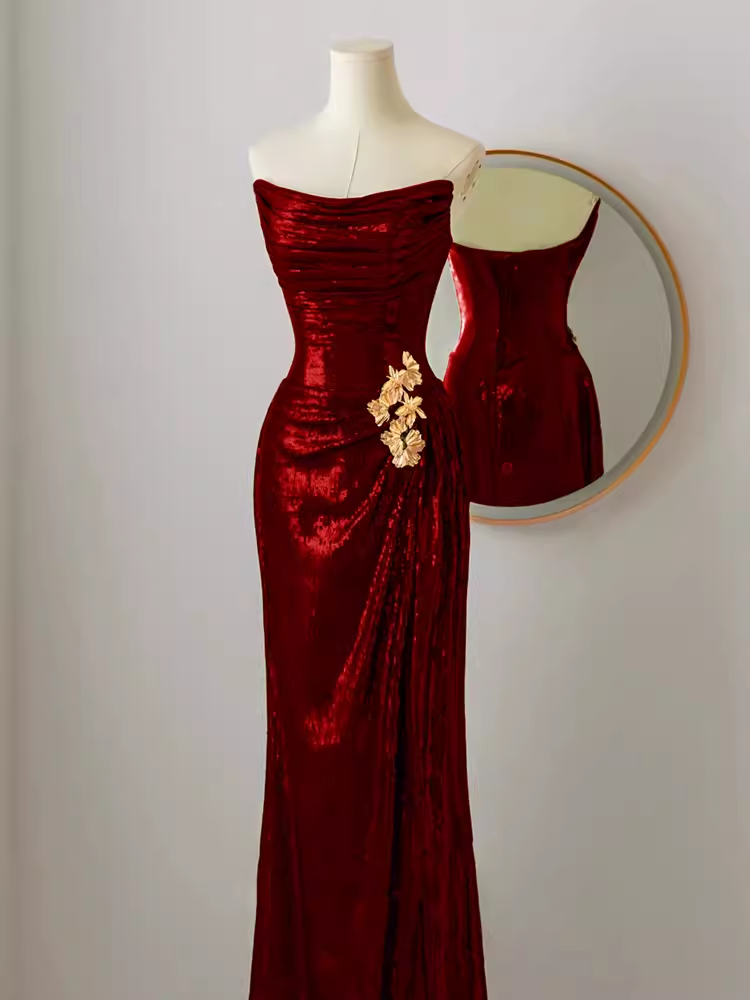 Robes de bal longues à paillettes rouges simples sans bretelles sirène C17