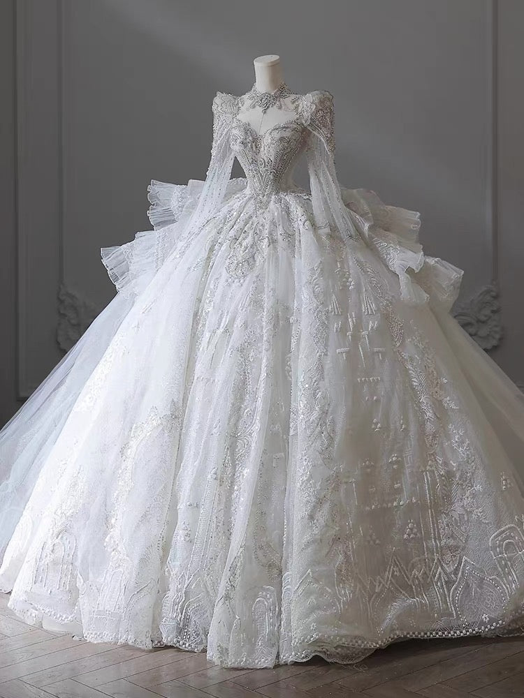 Dreamy Ball Gown Sweetheart Long Sleeves White Lace Wedding Dresses With Beads C1801