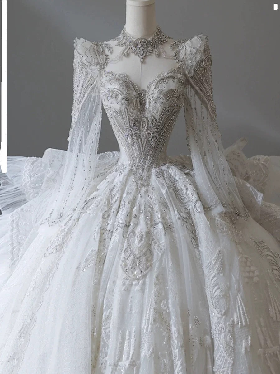 Dreamy Ball Gown Sweetheart Long Sleeves White Lace Wedding Dresses With Beads C1801