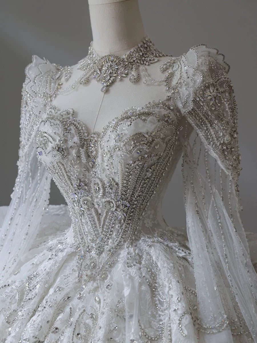 Dreamy Ball Gown Sweetheart Long Sleeves White Lace Wedding Dresses With Beads C1801