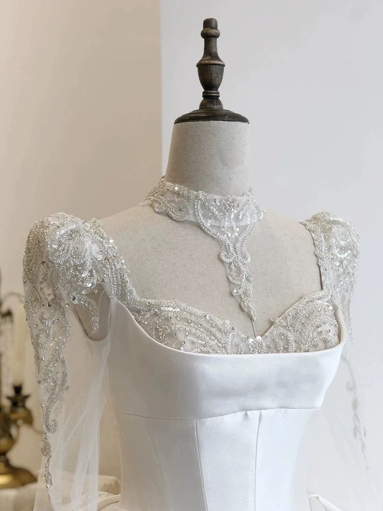 Simple Ball Gown Sweetheart White Long Sleeves Satin Wedding Dresses With Beads C1808