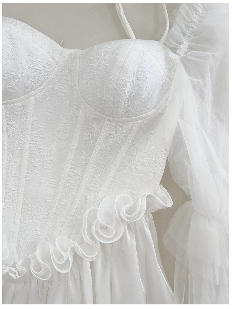 Robe de soirée blanche simple à bretelles spaghetti hautes et basses pour 18e anniversaire C1873