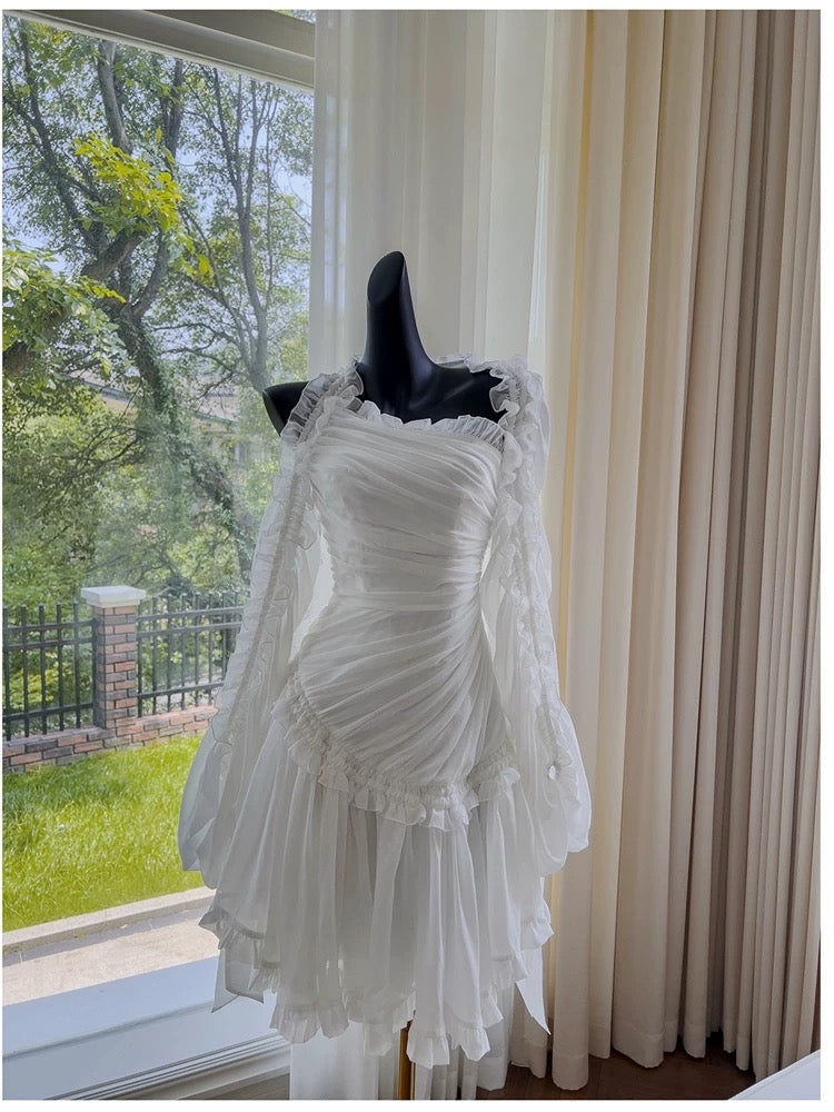 Robe de soirée de conte de fées en mousseline de soie blanche sans bretelles, robe d'anniversaire, C1885