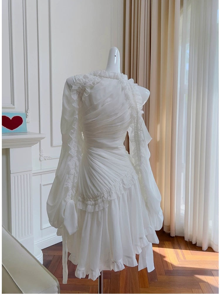 Robe de soirée de conte de fées en mousseline de soie blanche sans bretelles, robe d'anniversaire, C1885