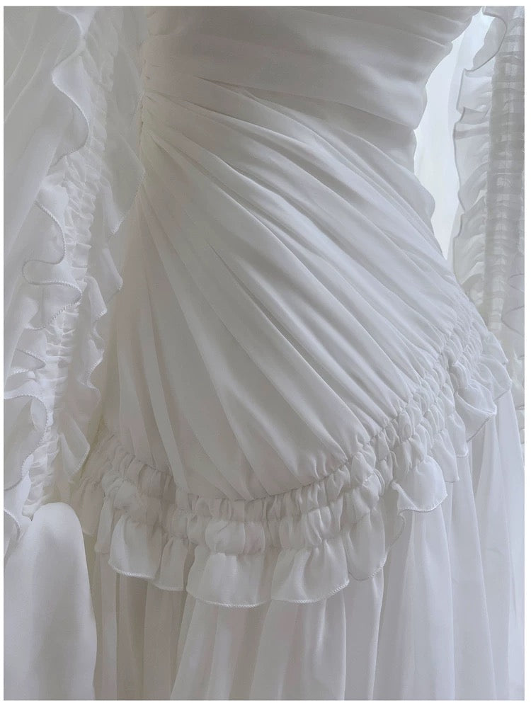 Robe de soirée de conte de fées en mousseline de soie blanche sans bretelles, robe d'anniversaire, C1885