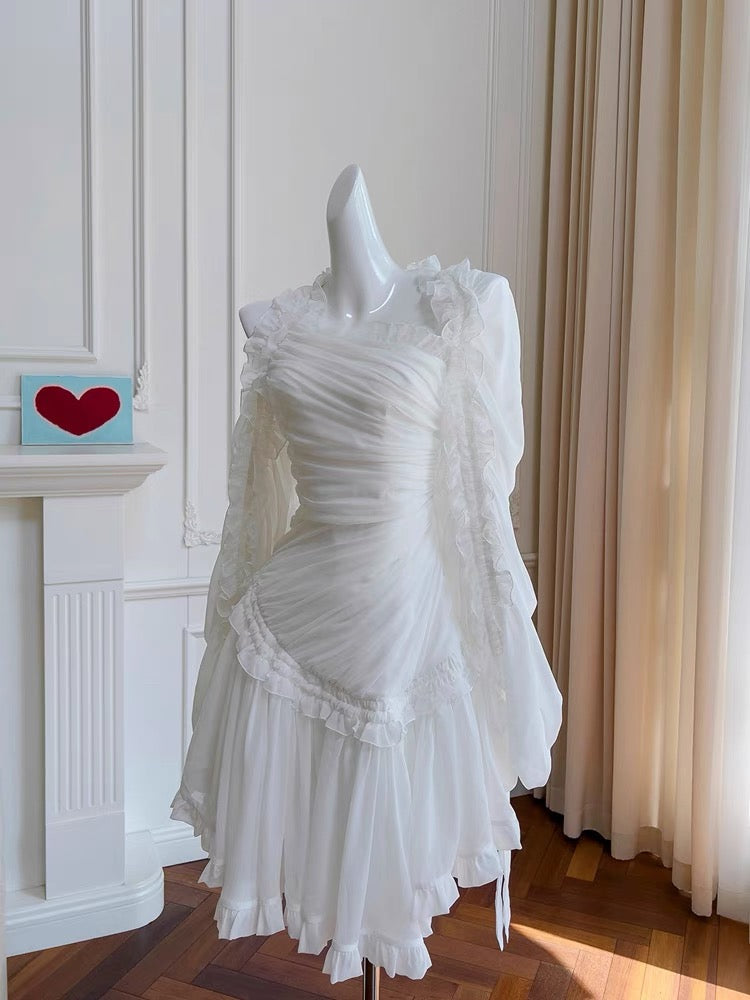 Robe de soirée de conte de fées en mousseline de soie blanche sans bretelles, robe d'anniversaire, C1885