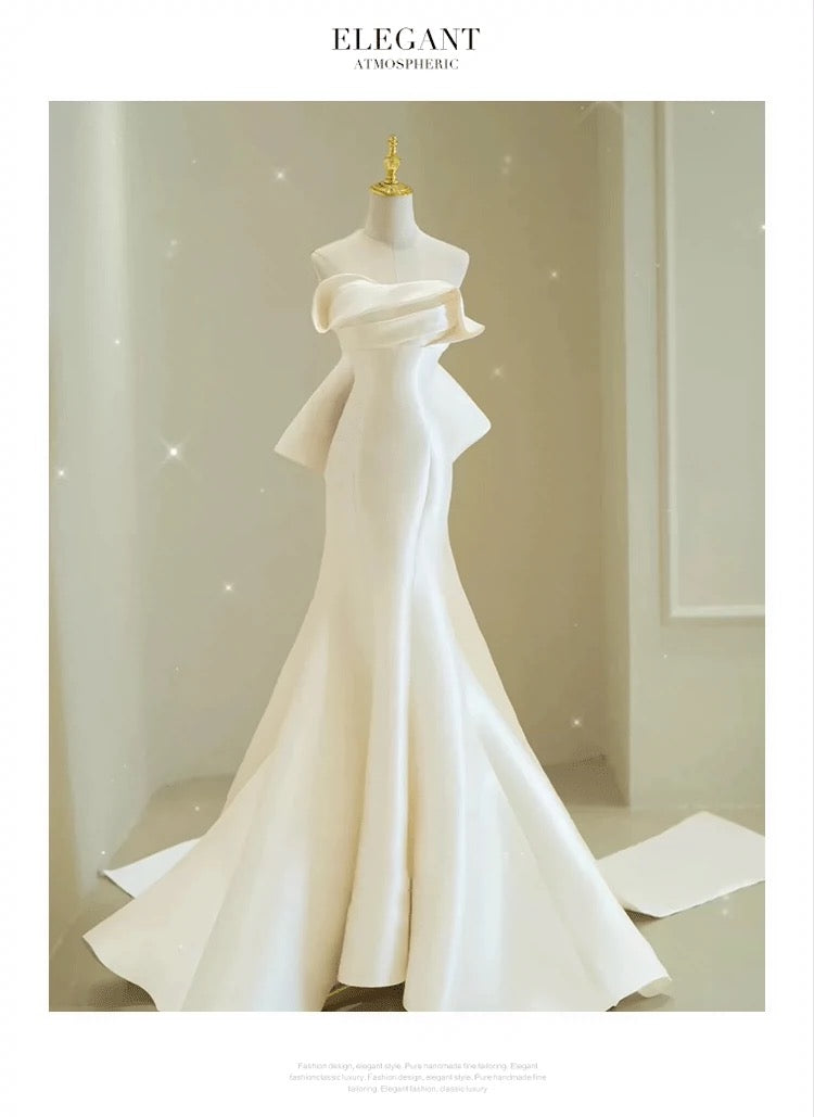 Sexy Mermaid Sweethart Sleeveless Satin Long White Wedding Dresses With Bow C1912