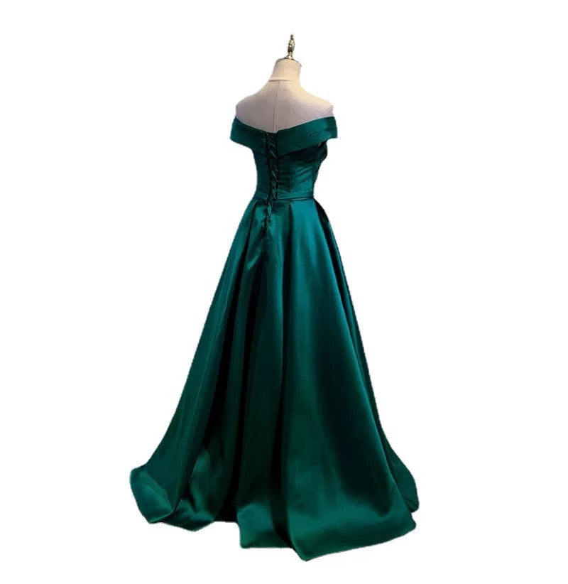 Robe de soirée en satin vert à épaules dénudées et simple, ligne A, C1956